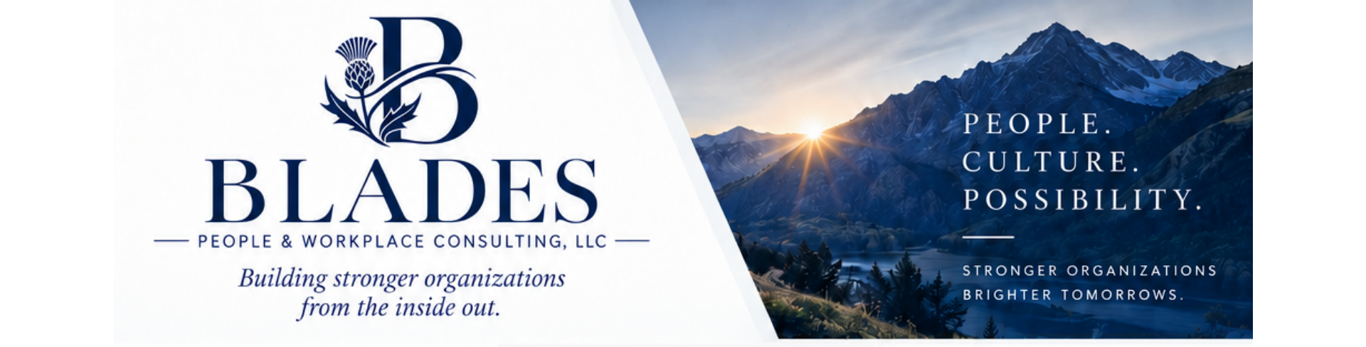 Blades People & Workplace Consulting header with mountain landscape, brand logo, and People. Culture. Possibility.